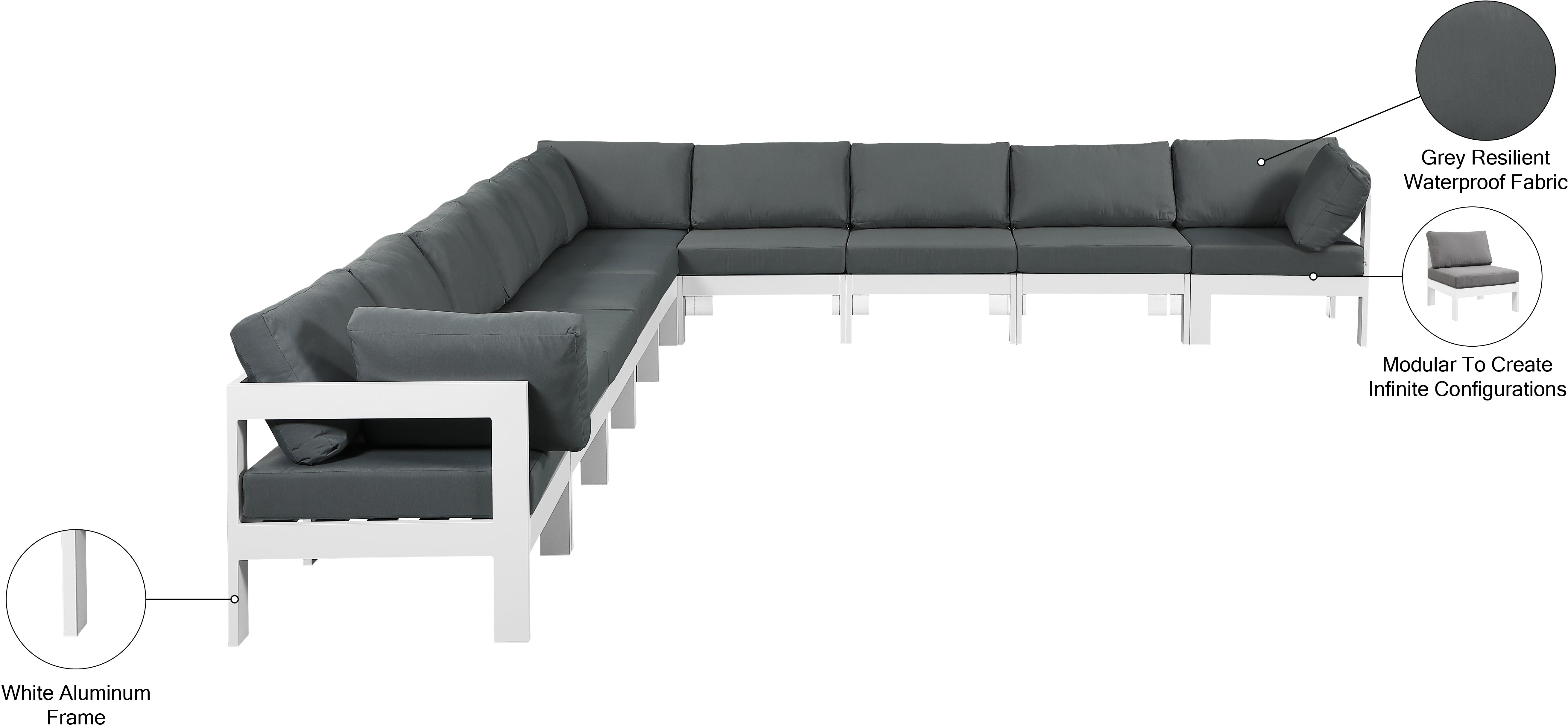 Nizuc 180" Water Resistant Fabric Upholstered Outdoor Patio 10pc. Modular Sectional