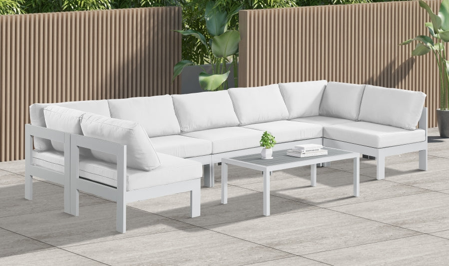 Nizuc 150" Water Resistant Fabric Upholstered Outdoor Patio 7pc. Modular Sectional