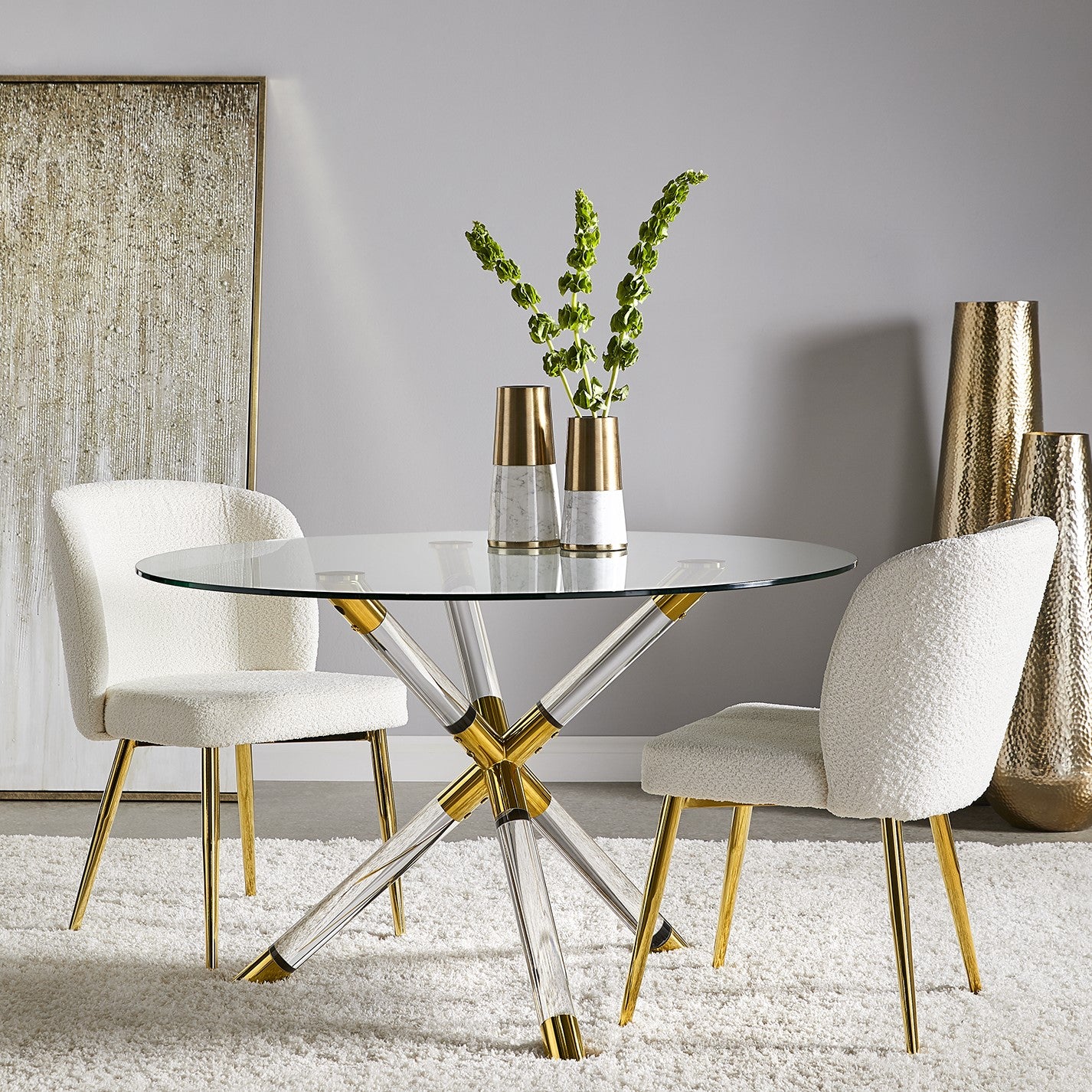 Fortina Dining Chair White Fur Fabric with Gold Legs