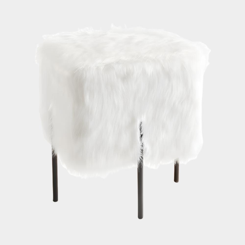 Kube Ottoman White Faux Fur