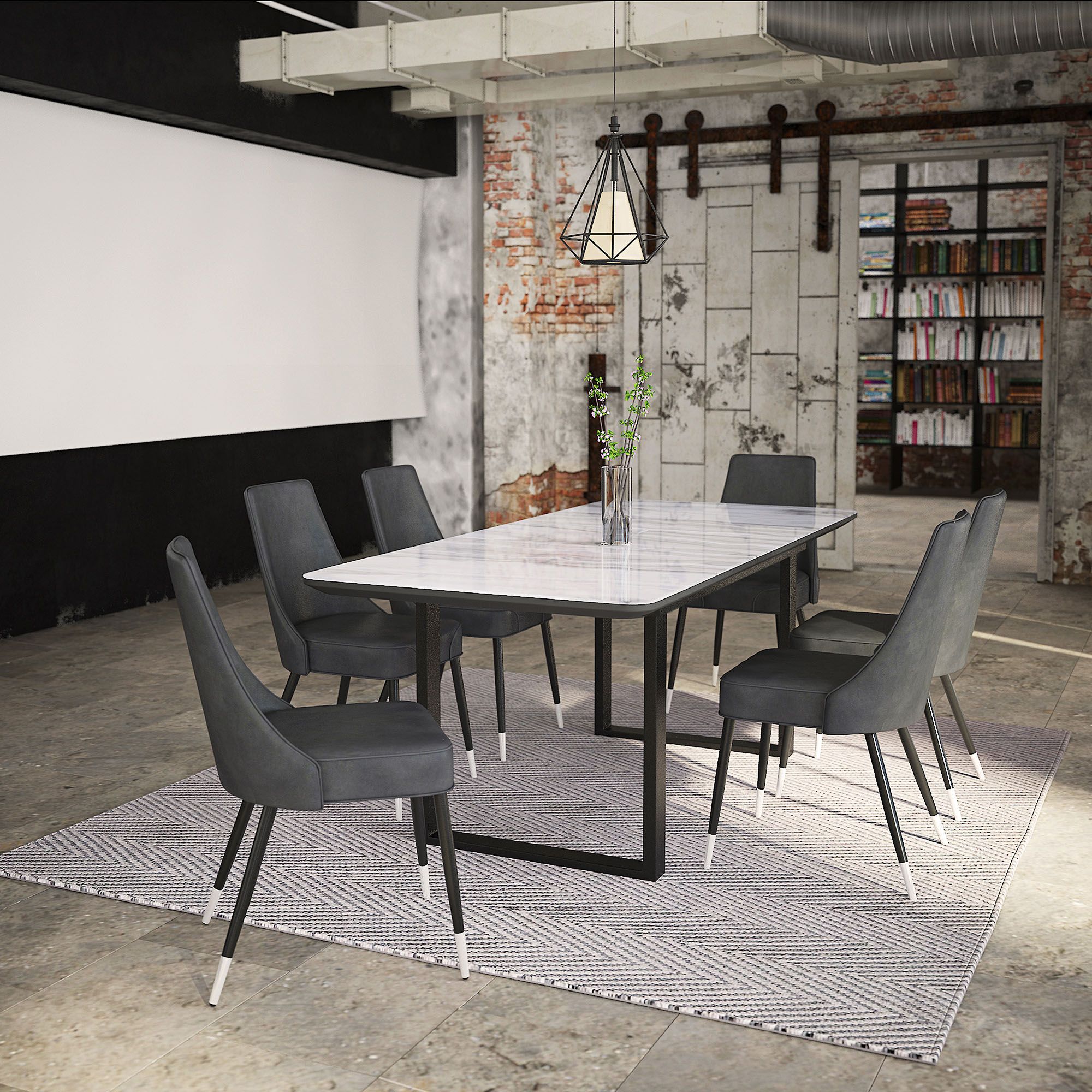 Gavin Dining Table w/Extension in Black and Faux Marble