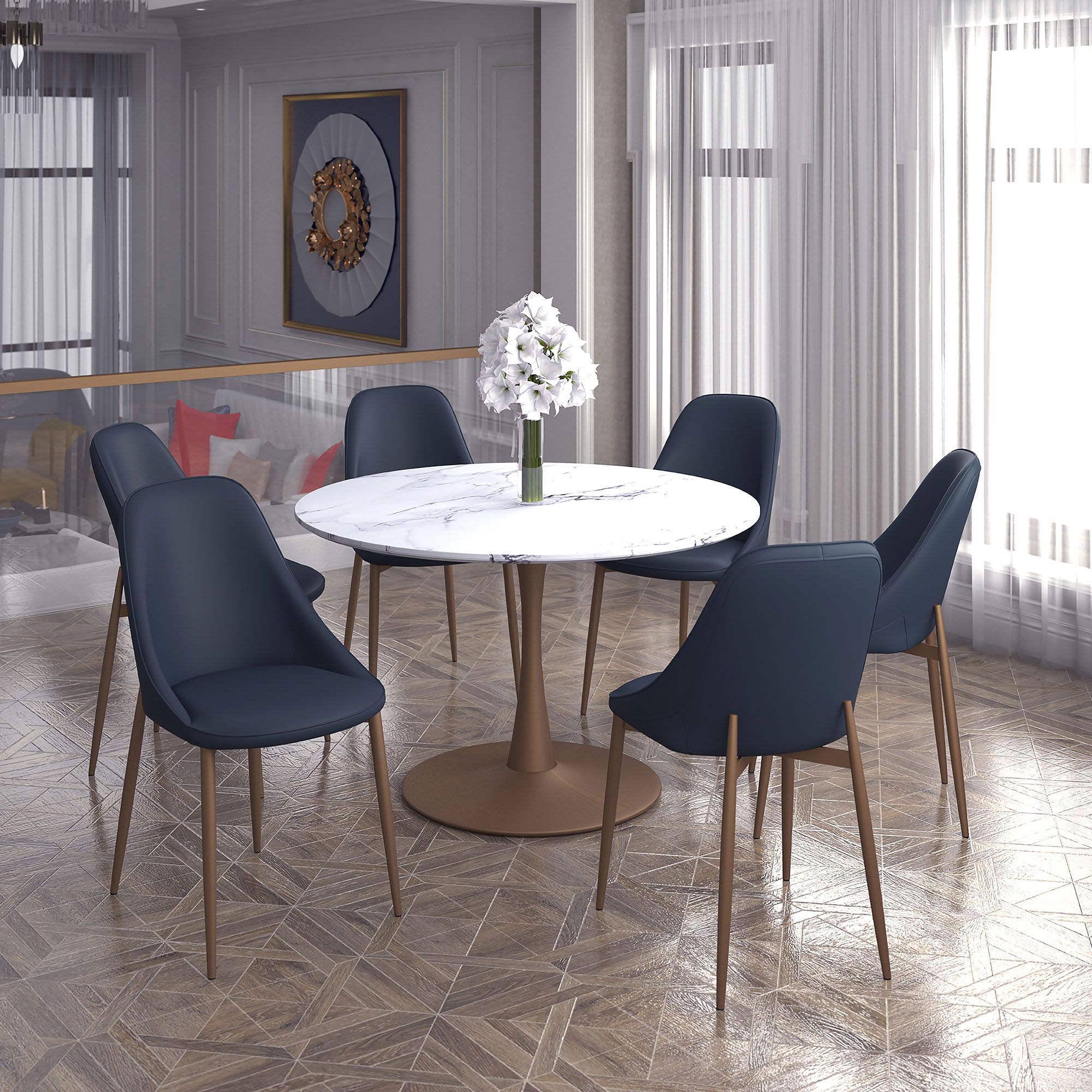 Zilo 48" Round Dining Table in White Faux Marble and Aged Gold