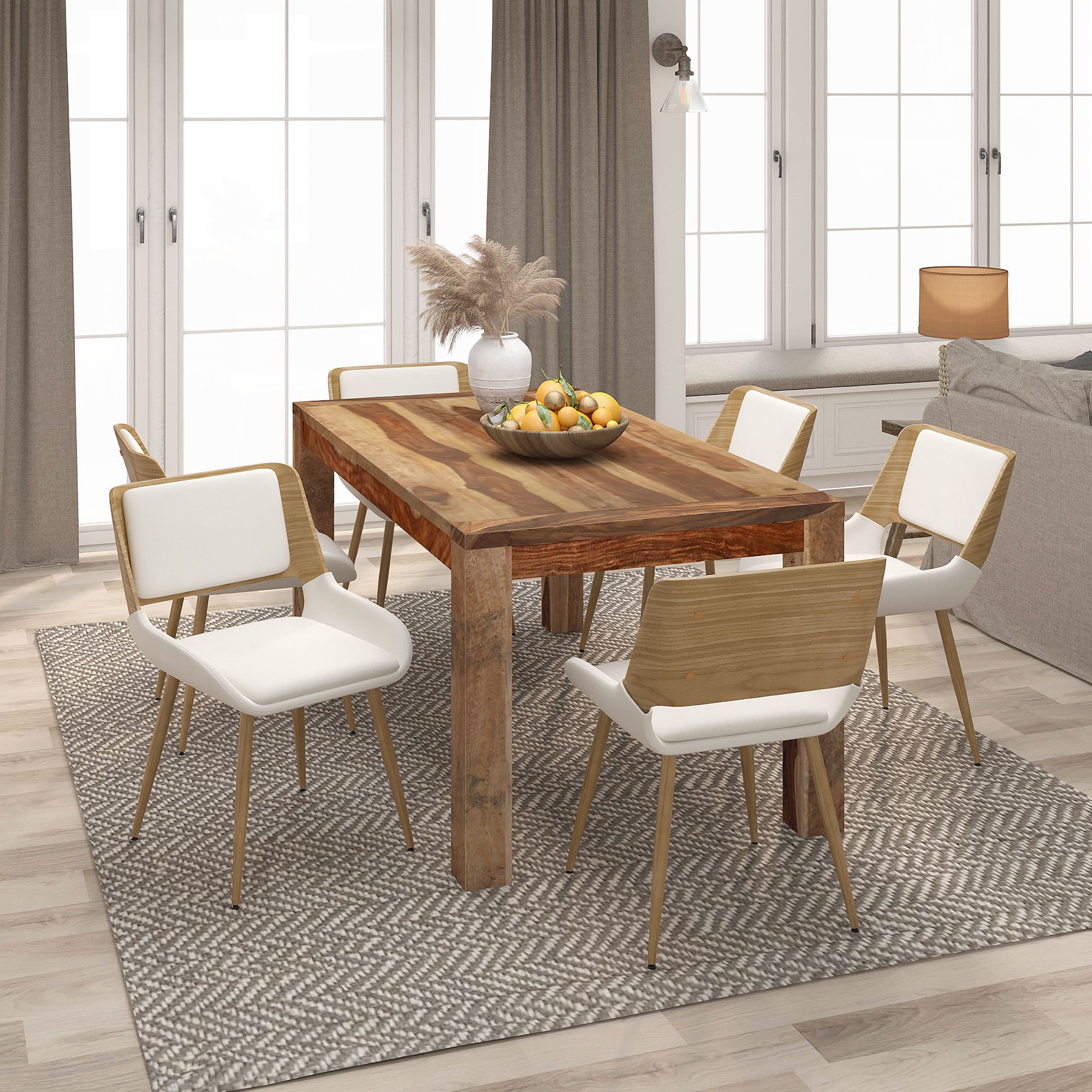 Hudson Dining Chair in Beige Fabric and Natural Metal and Wood