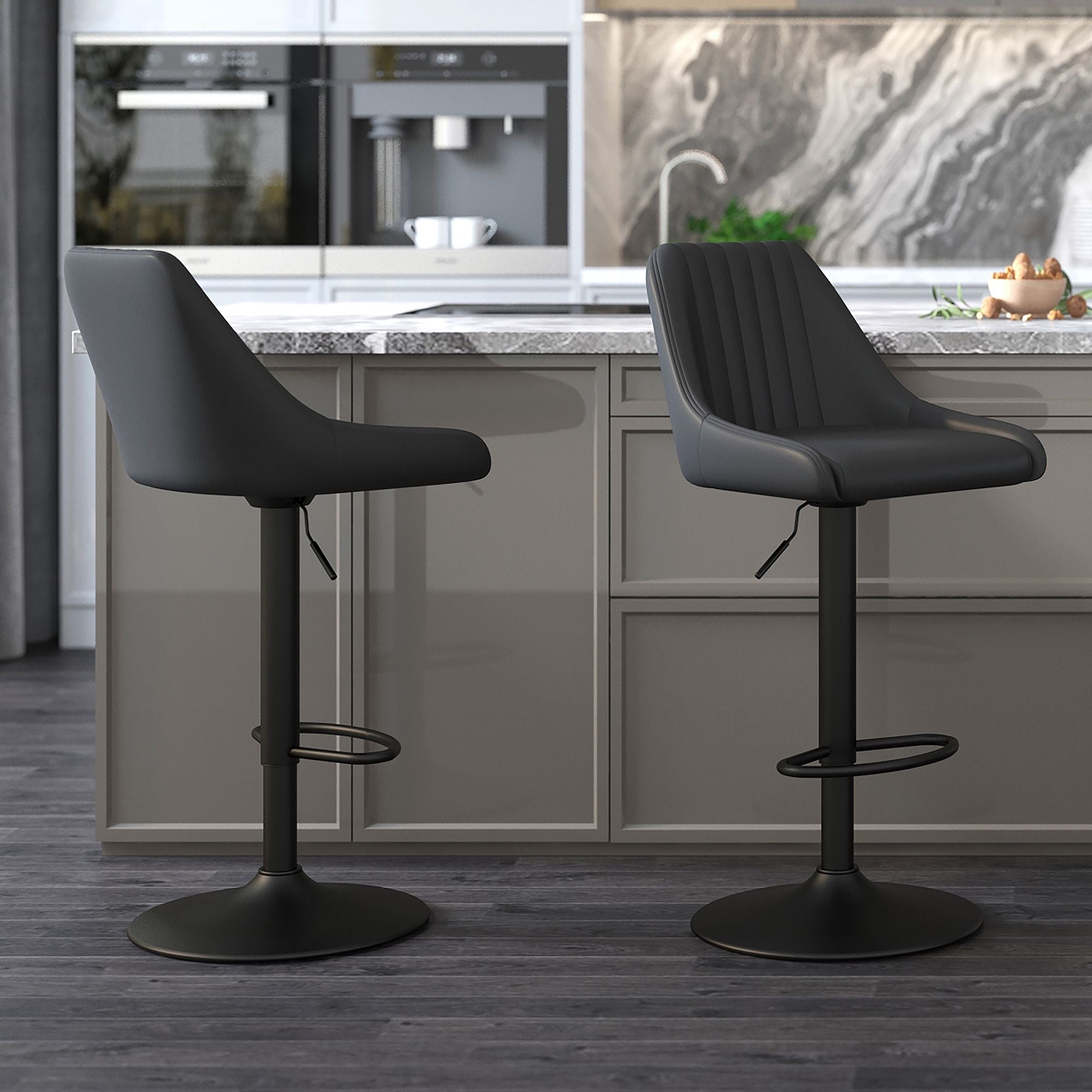 Kron Adjustable Height Air-Lift Swivel Stool, set of 2, in Black Faux Leather