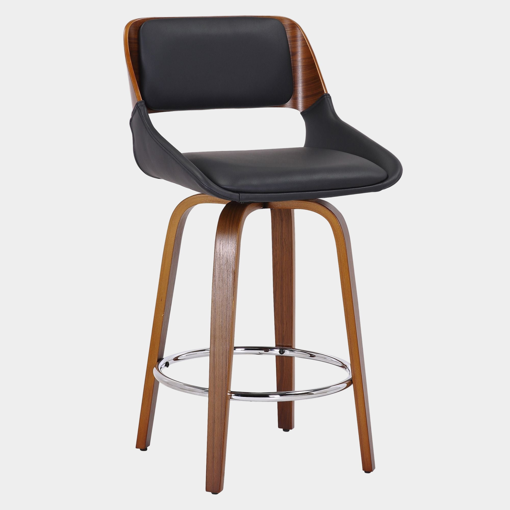 Hudson 26" Counter Stool with Swivel in Black Faux Leather and Walnut