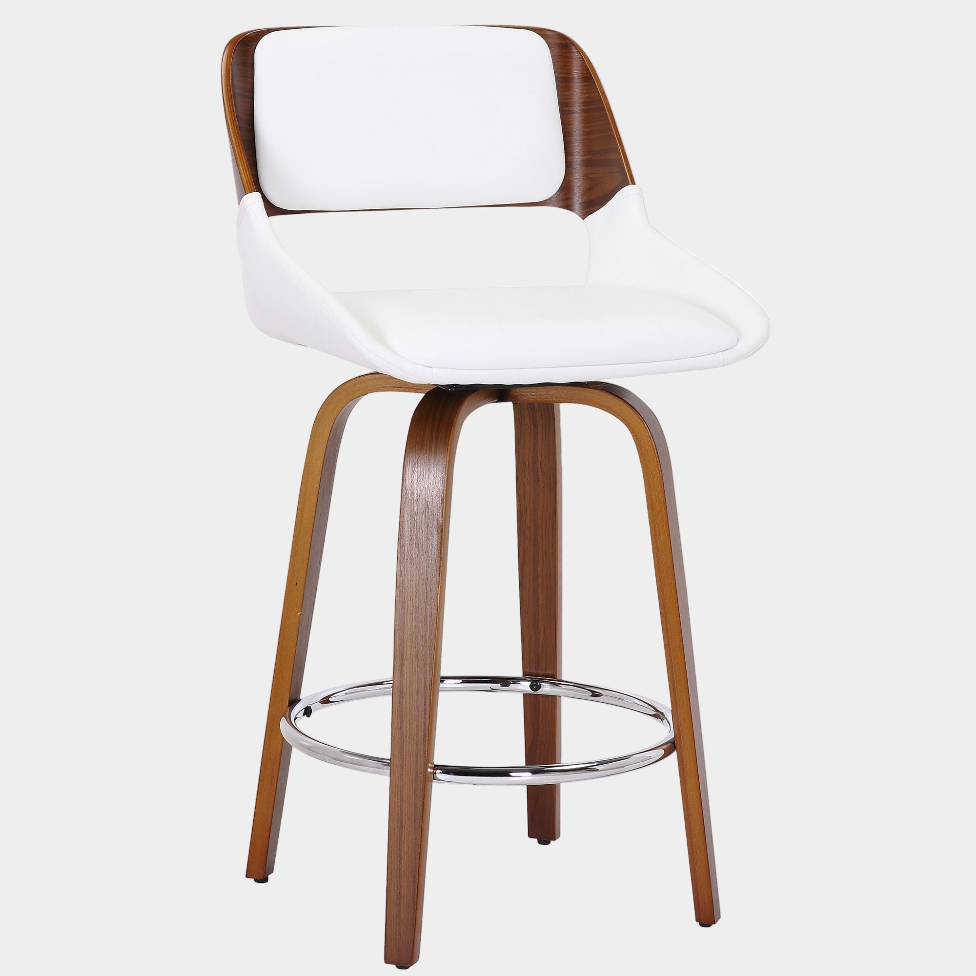 Hudson 26" Counter Stool with Swivel in White Faux Leather and Walnut