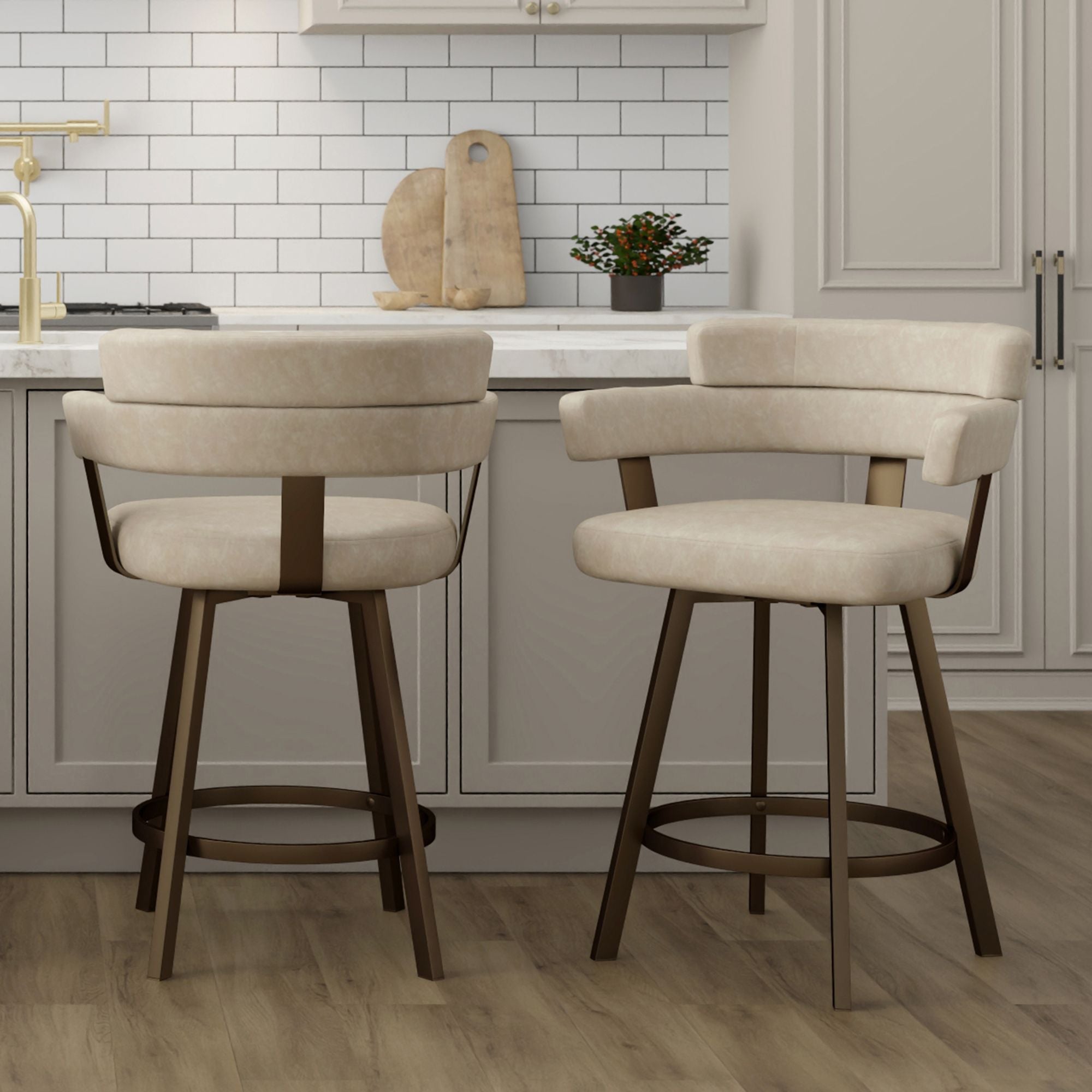 Oberon 26" Counter Stool with Swivel, set of 2 in Vintage Ivory and Aged Gold