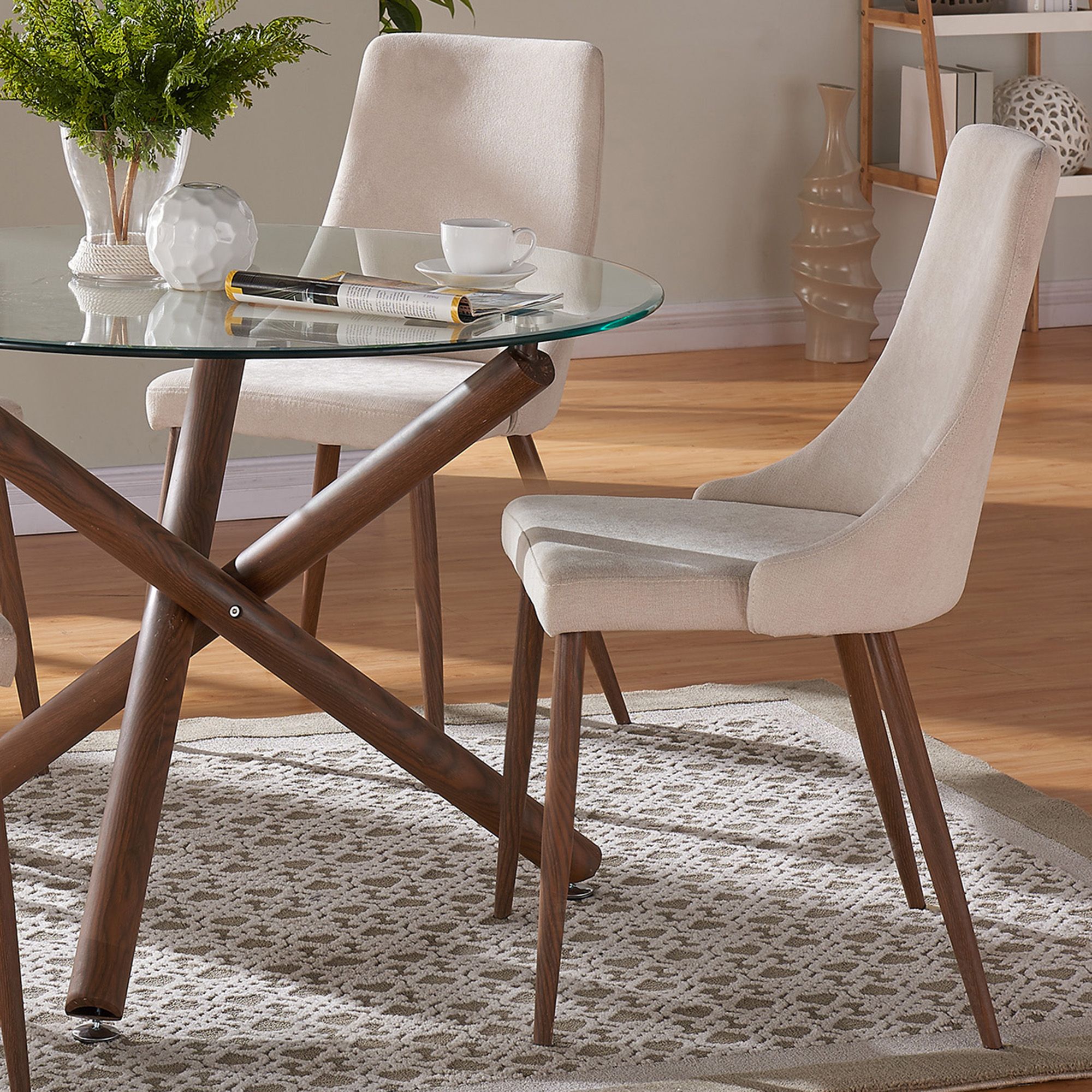 Rocca/Cora 5pc Dining Set in Walnut with Beige Chair