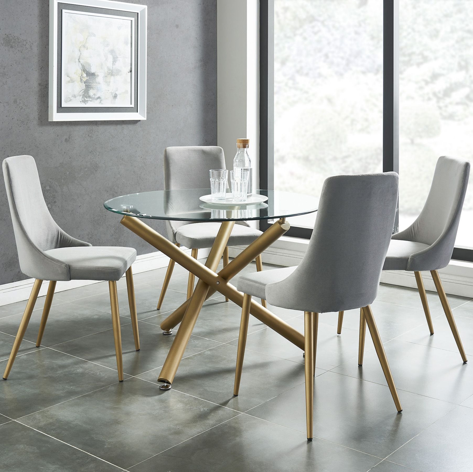 Carmilla 5pc Dining Set in Aged Gold with Grey Chair