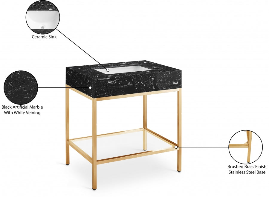 Marmo Engineered Stone Top, Brushed Gold And Glass Base Vanity