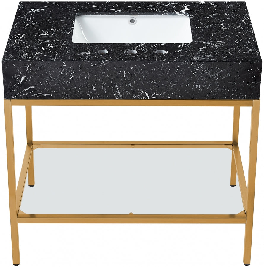Marmo Engineered Stone Top, Brushed Gold And Glass Base Vanity