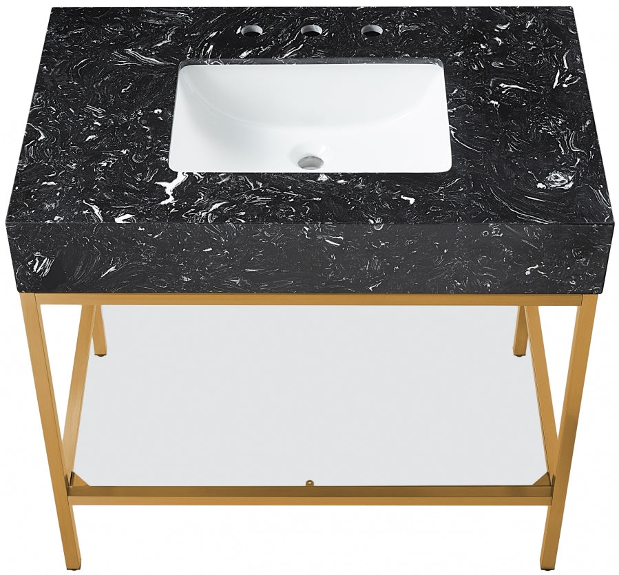 Marmo Engineered Stone Top, Brushed Gold And Glass Base Vanity