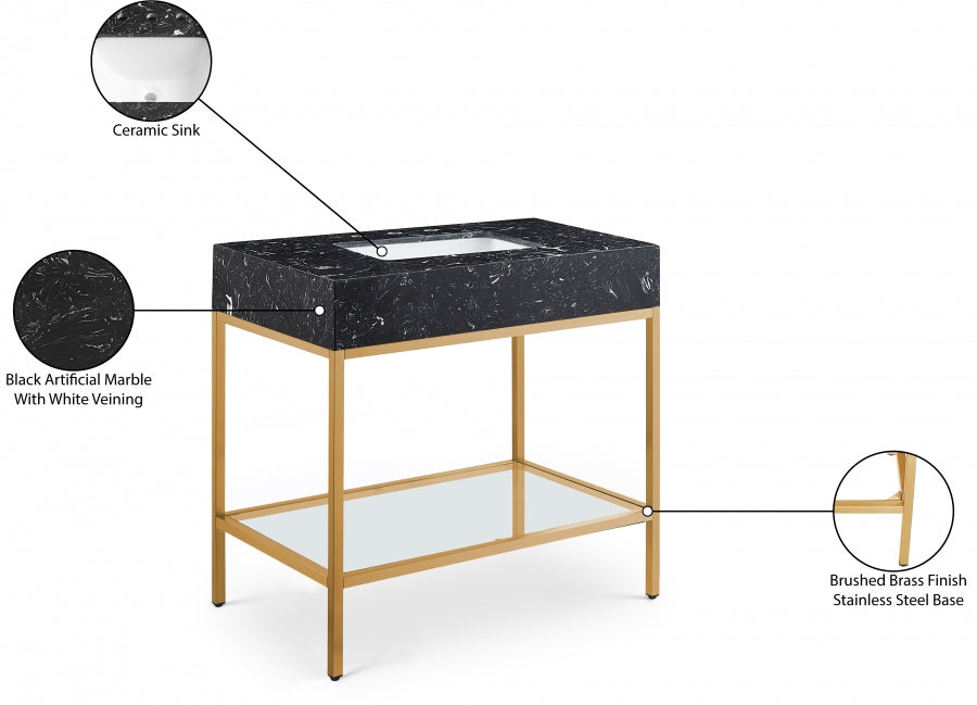 Marmo Engineered Stone Top, Brushed Gold And Glass Base Vanity