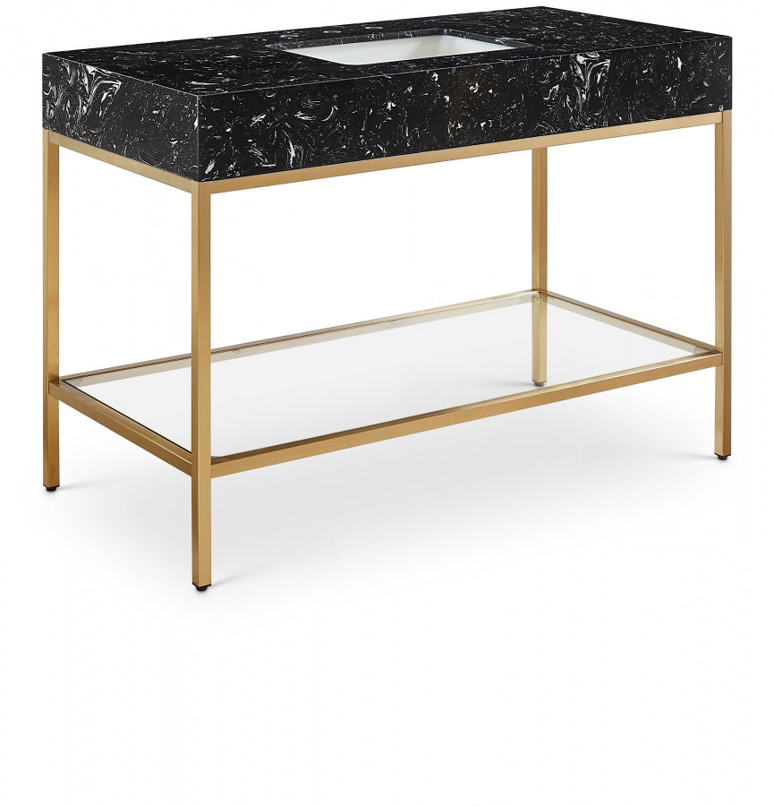 Marmo Engineered Stone Top, Brushed Gold And Glass Base Vanity
