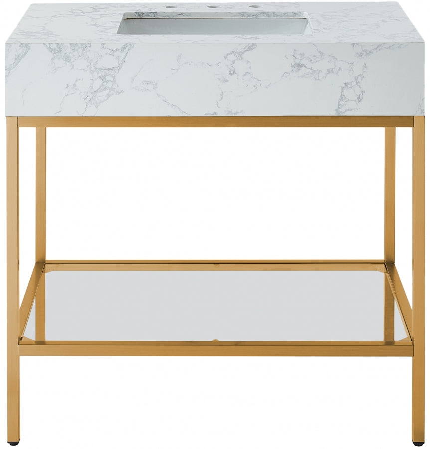 Marmo Engineered Stone Top, Brushed Gold And Glass Base Vanity