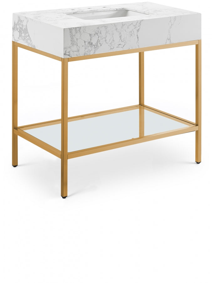 Marmo Engineered Stone Top, Brushed Gold And Glass Base Vanity