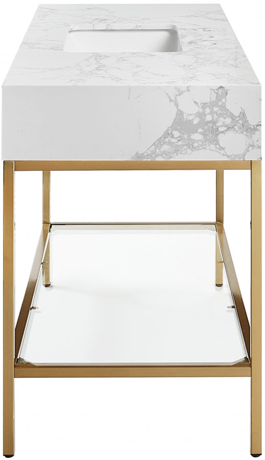 Marmo Engineered Stone Top, Brushed Gold And Glass Base Vanity