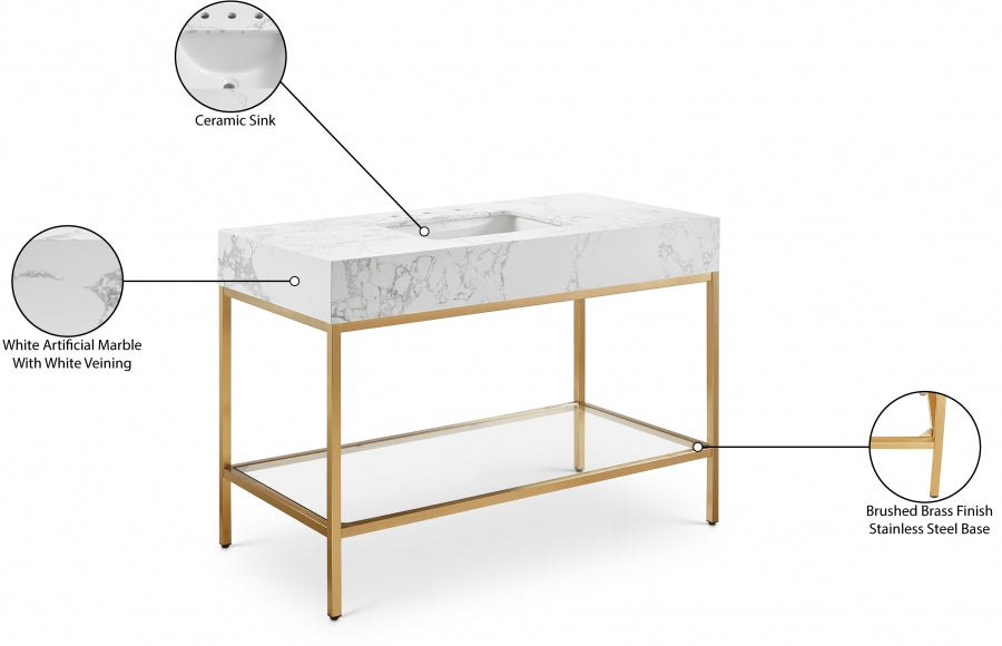Marmo Engineered Stone Top, Brushed Gold And Glass Base Vanity