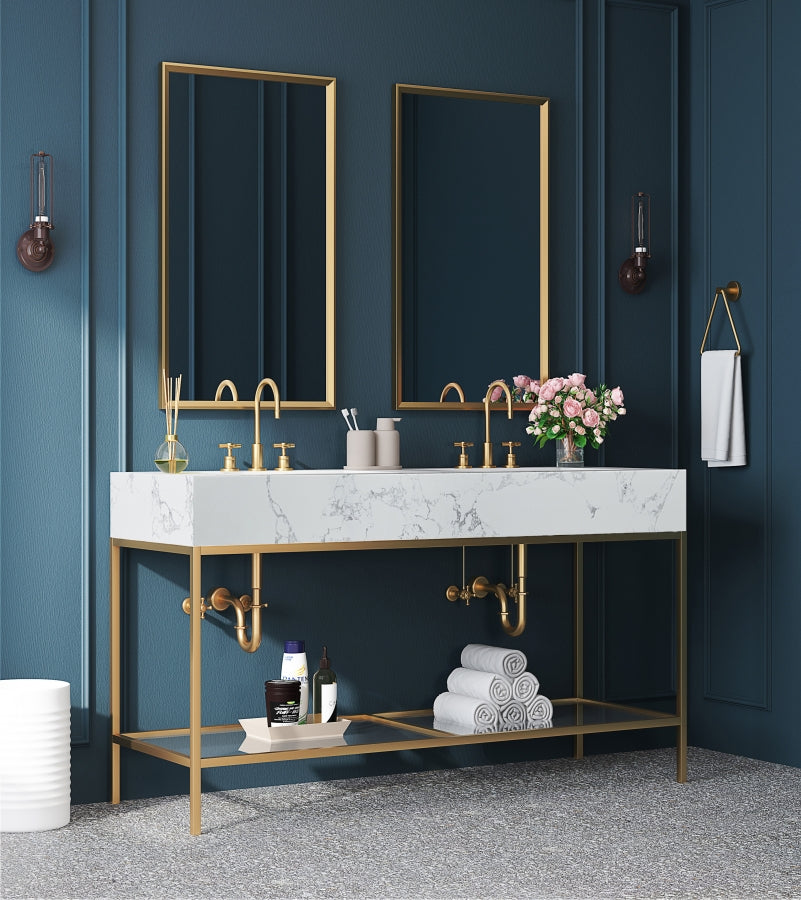 Marmo Engineered Stone Top, Brushed Gold And Glass Base Vanity