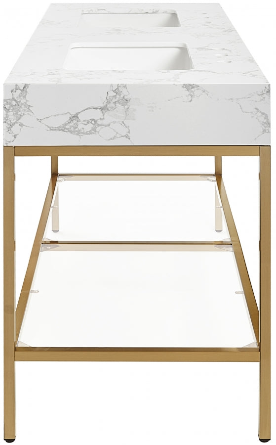 Marmo Engineered Stone Top, Brushed Gold And Glass Base Vanity