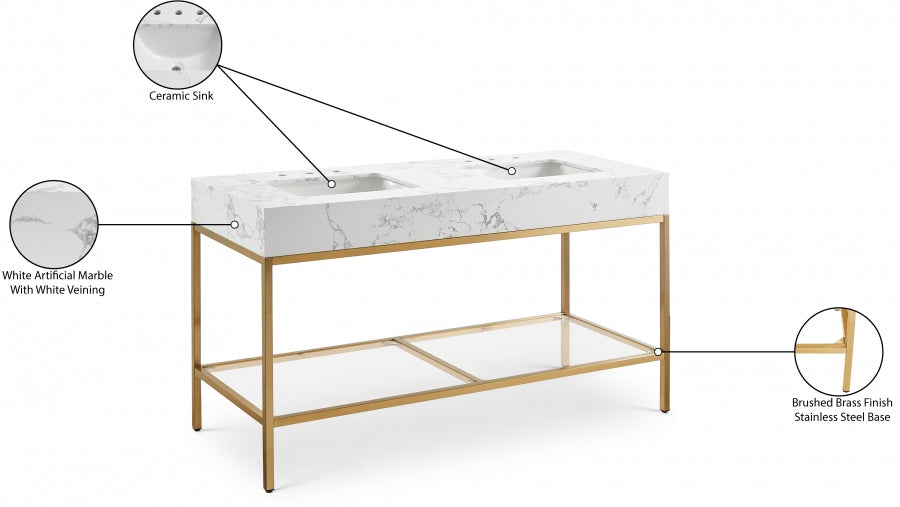 Marmo Engineered Stone Top, Brushed Gold And Glass Base Vanity