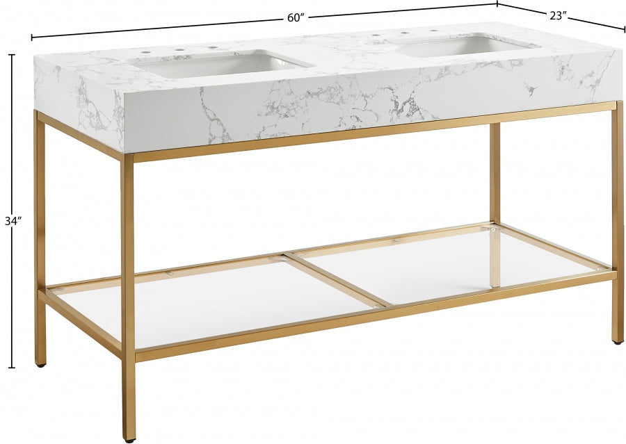 Marmo Engineered Stone Top, Brushed Gold And Glass Base Vanity