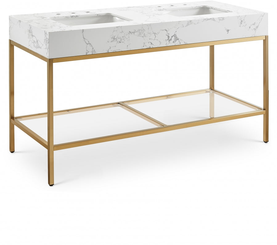 Marmo Engineered Stone Top, Brushed Gold And Glass Base Vanity