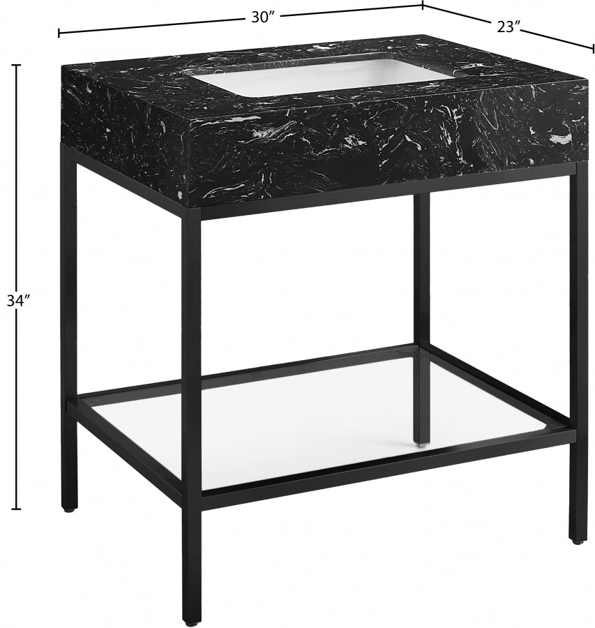 Marmo Engineered Stone Top and Matte Black Base, Steel And Glass Base Vanity