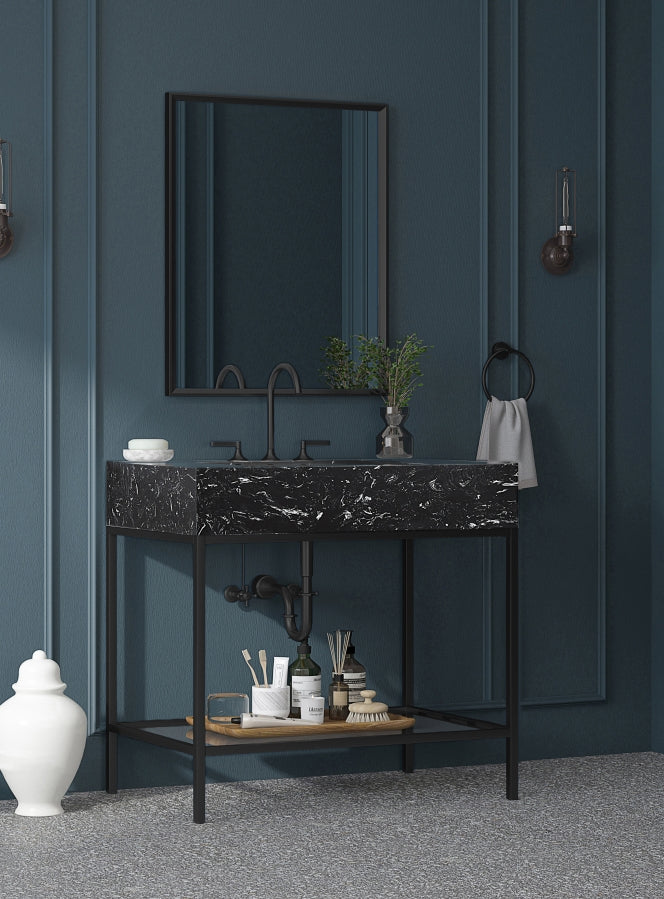 Marmo Engineered Stone Top and Matte Black Base, Steel And Glass Base Vanity