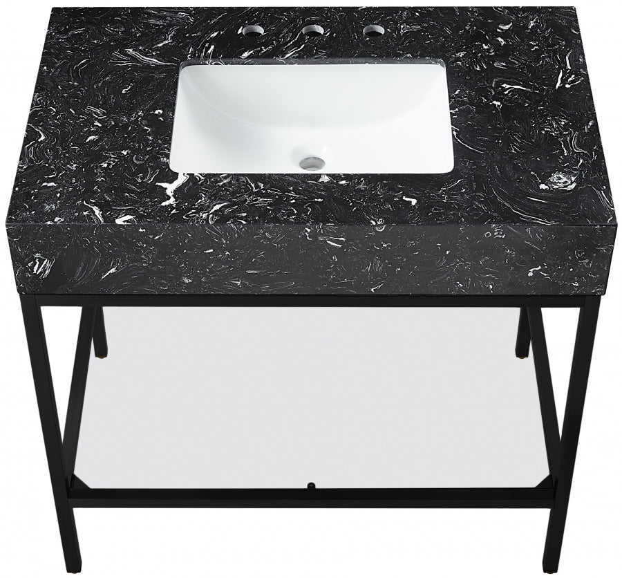 Marmo Engineered Stone Top and Matte Black Base, Steel And Glass Base Vanity