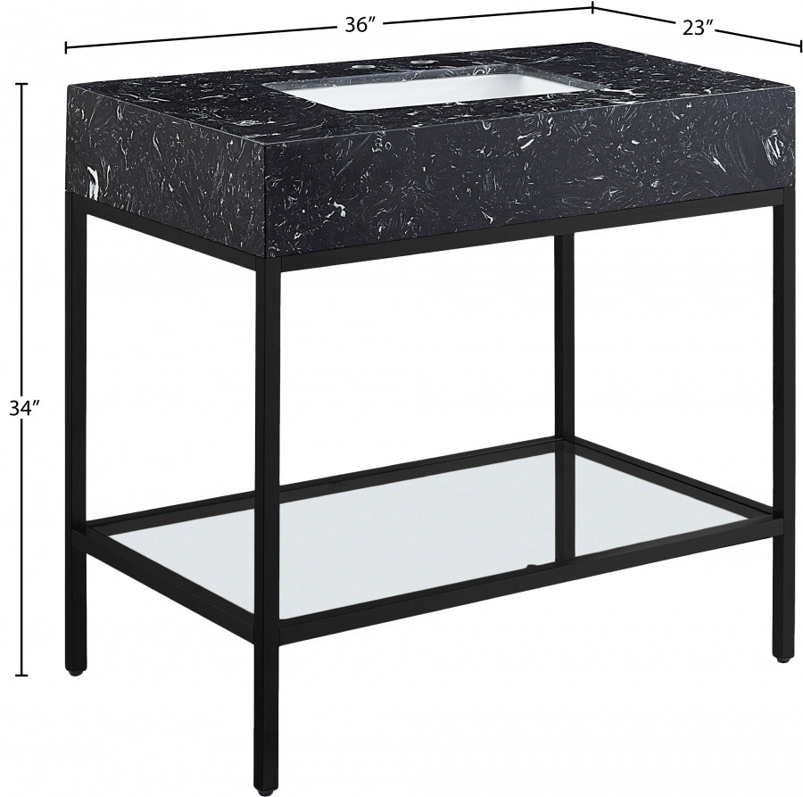 Marmo Engineered Stone Top and Matte Black Base, Steel And Glass Base Vanity