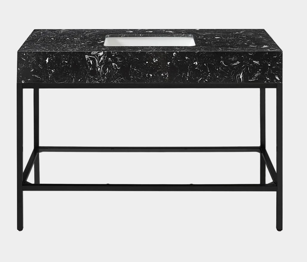 Marmo Engineered Stone Top and Matte Black Base, Steel And Glass Base Vanity
