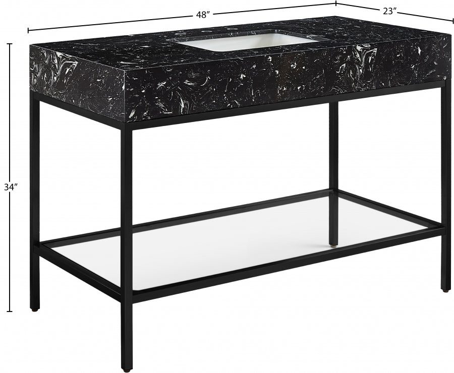 Marmo Engineered Stone Top and Matte Black Base, Steel And Glass Base Vanity