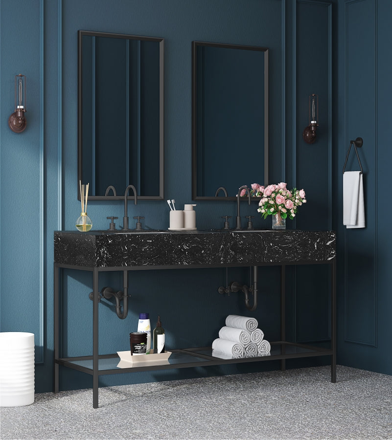 Marmo Engineered Stone Top and Matte Black Base, Steel And Glass Base Vanity