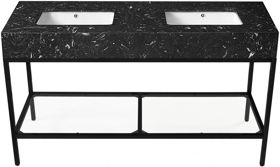 Marmo Engineered Stone Top and Matte Black Base, Steel And Glass Base Vanity