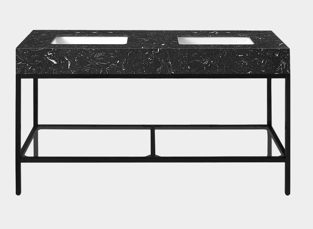 Marmo Engineered Stone Top and Matte Black Base, Steel And Glass Base Vanity