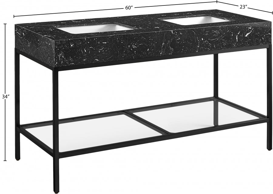 Marmo Engineered Stone Top and Matte Black Base, Steel And Glass Base Vanity