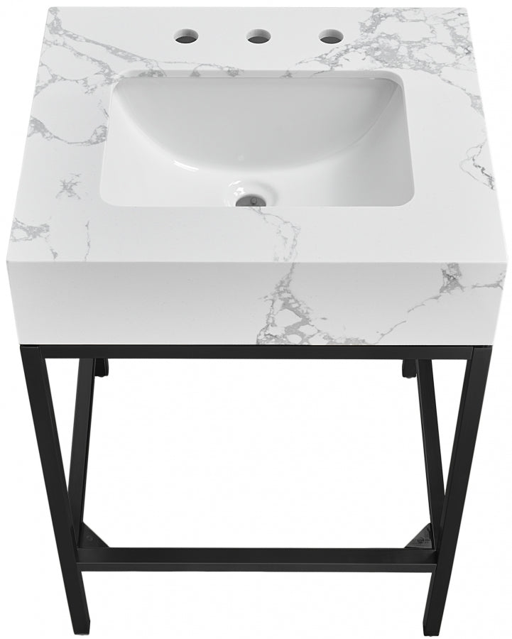 Marmo Engineered Stone Top and Matte Black Base, Steel And Glass Base Vanity