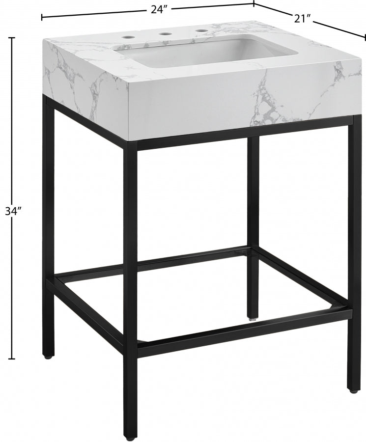 Marmo Engineered Stone Top and Matte Black Base, Steel And Glass Base Vanity