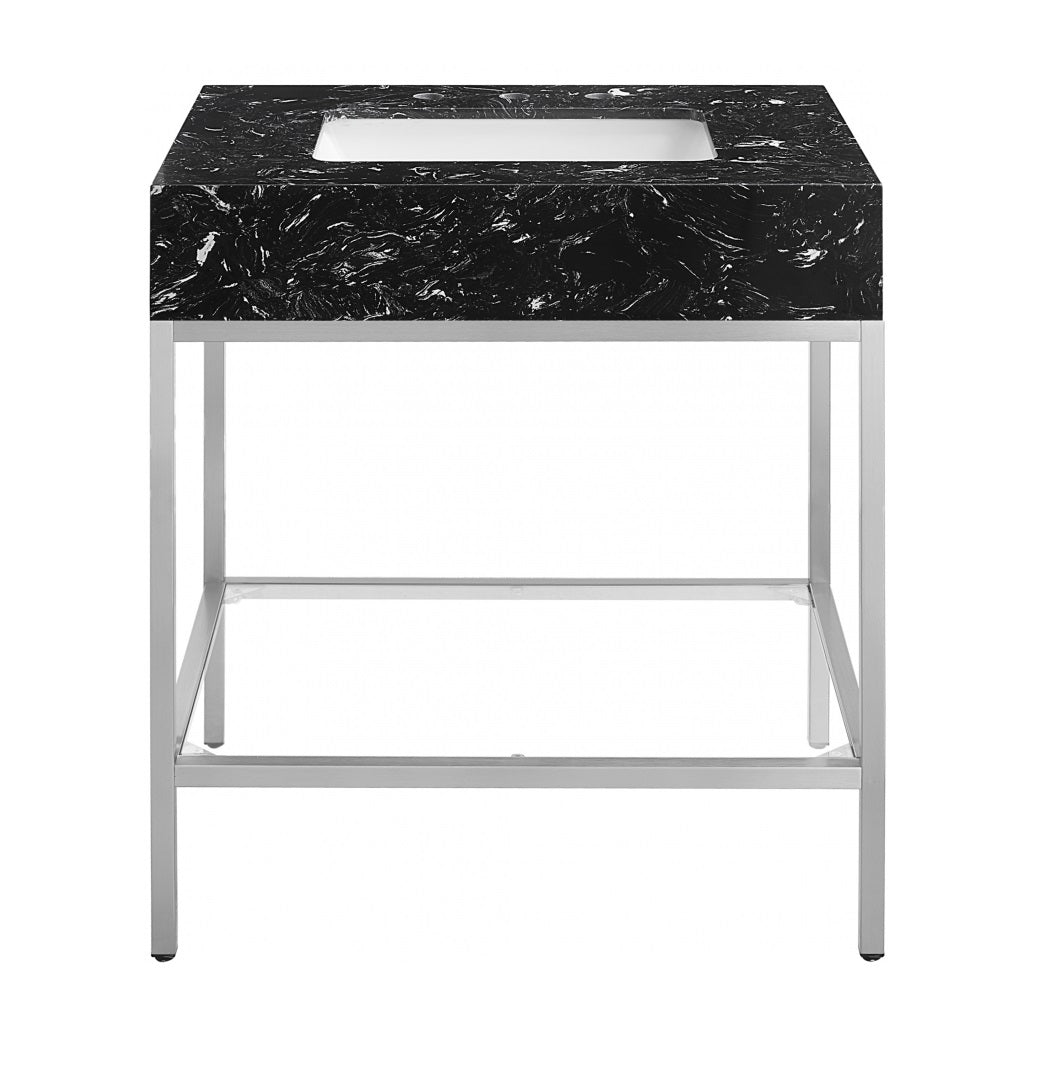 Marmo Engineered Stone Top and Brushed Chrome, Steel And Glass Base Vanity