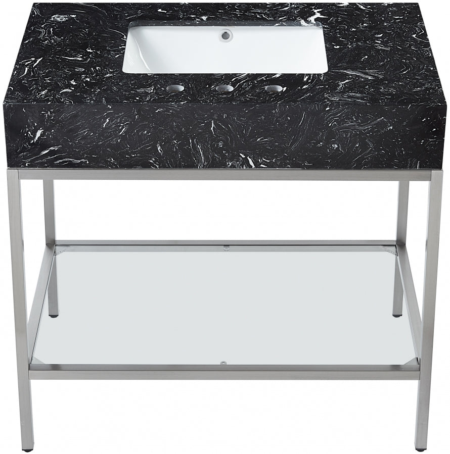 Marmo Engineered Stone Top and Brushed Chrome, Steel And Glass Base Vanity