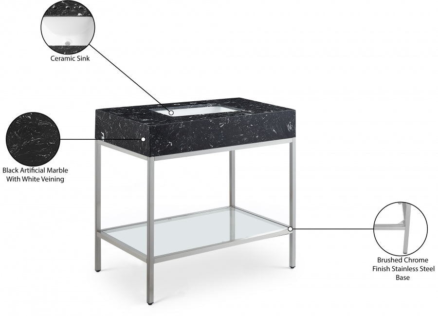 Marmo Engineered Stone Top and Brushed Chrome, Steel And Glass Base Vanity