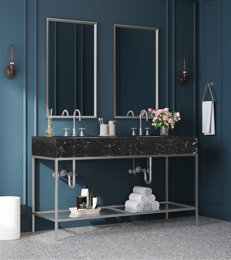 Marmo Engineered Stone Top and Brushed Chrome, Steel And Glass Base Vanity