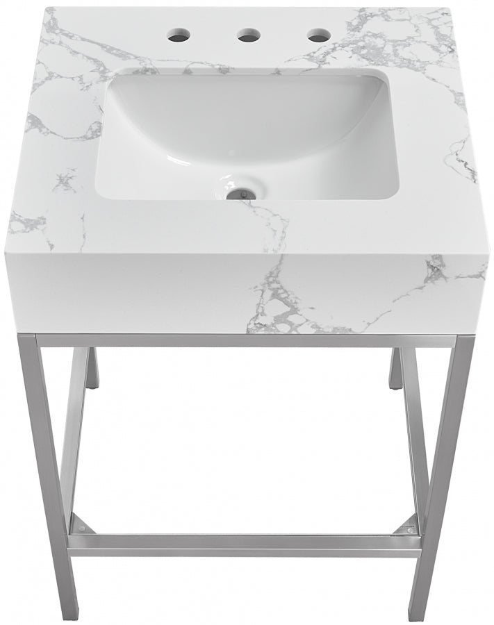 Marmo Engineered Stone Top and Brushed Chrome, Steel And Glass Base Vanity