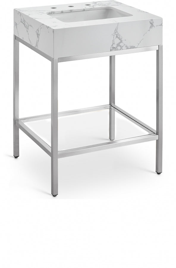 Marmo Engineered Stone Top and Brushed Chrome, Steel And Glass Base Vanity