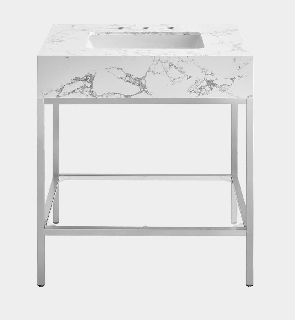 Marmo Engineered Stone Top and Brushed Chrome, Steel And Glass Base Vanity