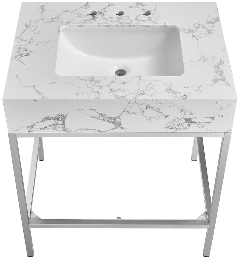 Marmo Engineered Stone Top and Brushed Chrome, Steel And Glass Base Vanity