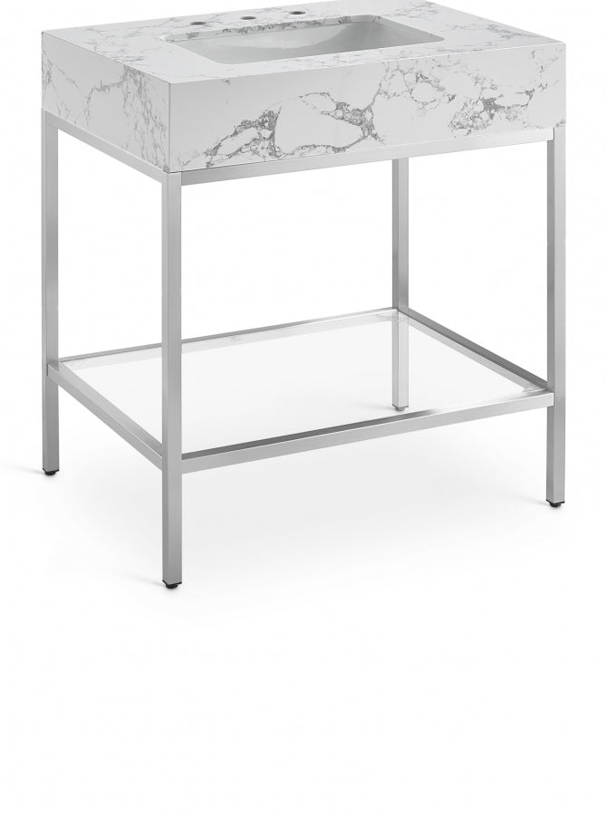 Marmo Engineered Stone Top and Brushed Chrome, Steel And Glass Base Vanity