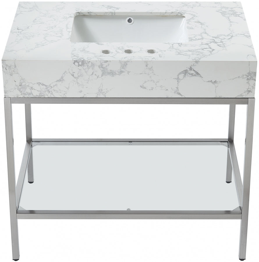 Marmo Engineered Stone Top and Brushed Chrome, Steel And Glass Base Vanity