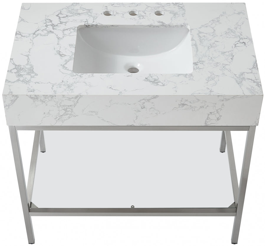 Marmo Engineered Stone Top and Brushed Chrome, Steel And Glass Base Vanity